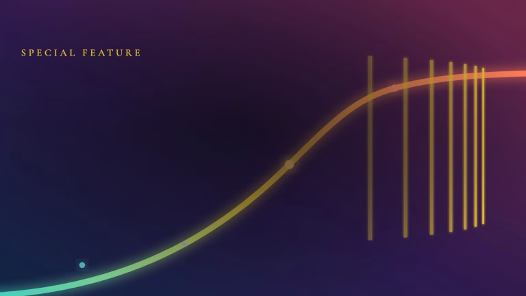 A brightly coloured curve rising from teal through gold to coral, flattening as it passes a series of gold bars that draw closer together.