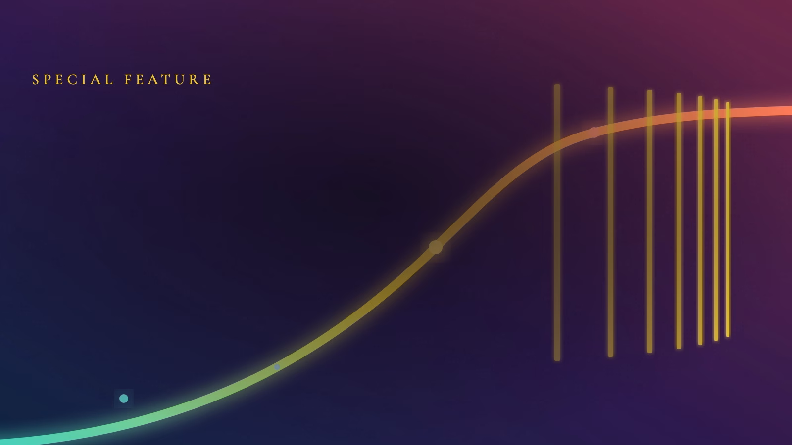 A brightly coloured curve rising from teal through gold to coral, flattening as it passes a series of gold bars that draw closer together.